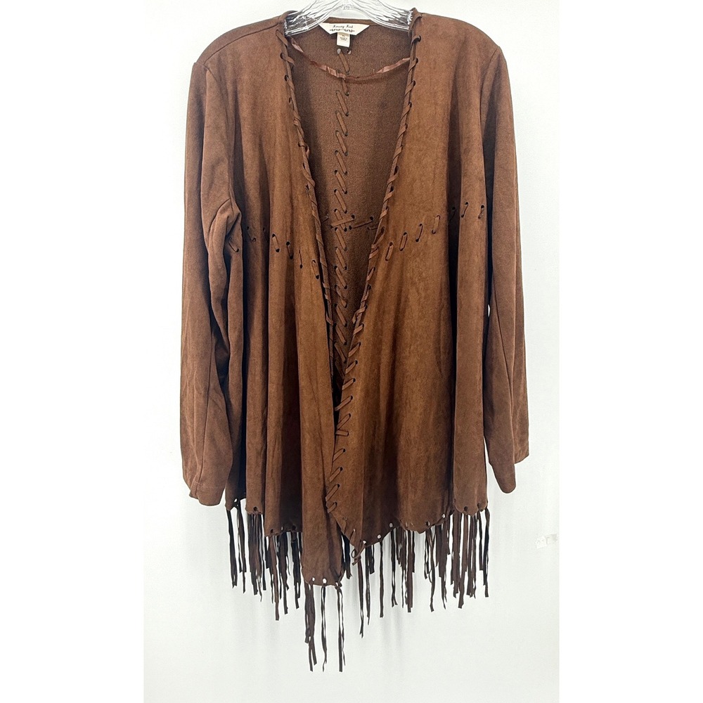 Krazy Kat Brown Faux Suede Fringe Whipstitch Open Front Cardigan XL Womens